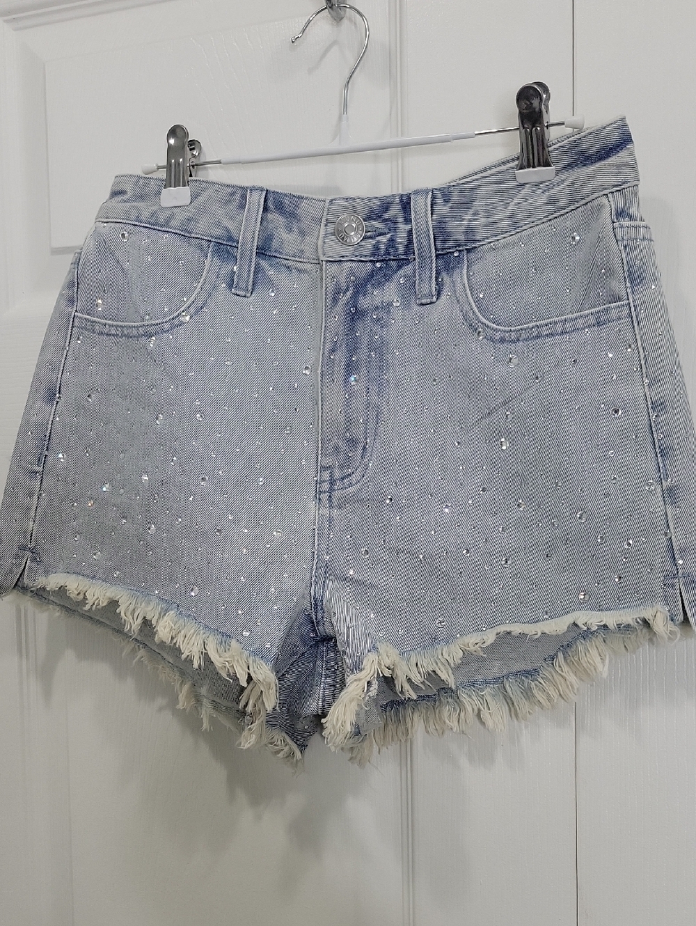 Show Me Your MuMu Light Blue Crystal Frayed Denim Shorts Size 26 NWT